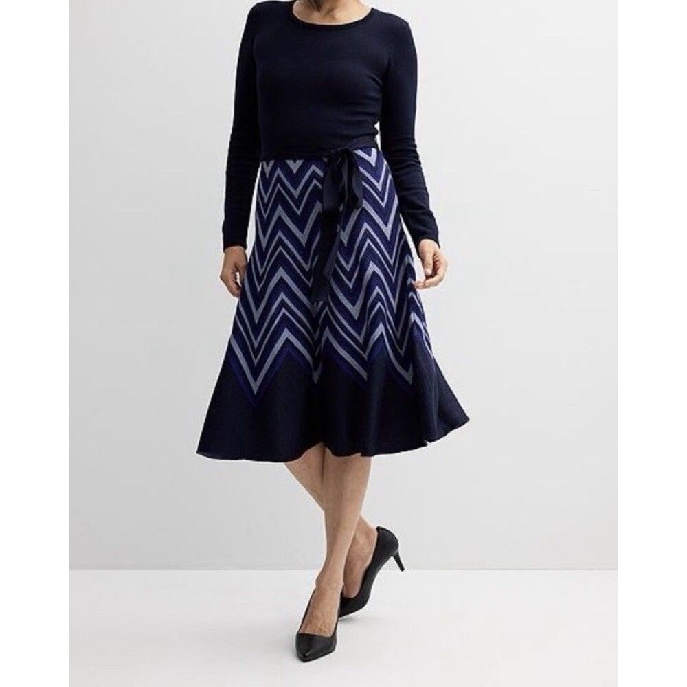 Taylor Blue Feminine Belted Knit Midi Sweater Dress Size Large